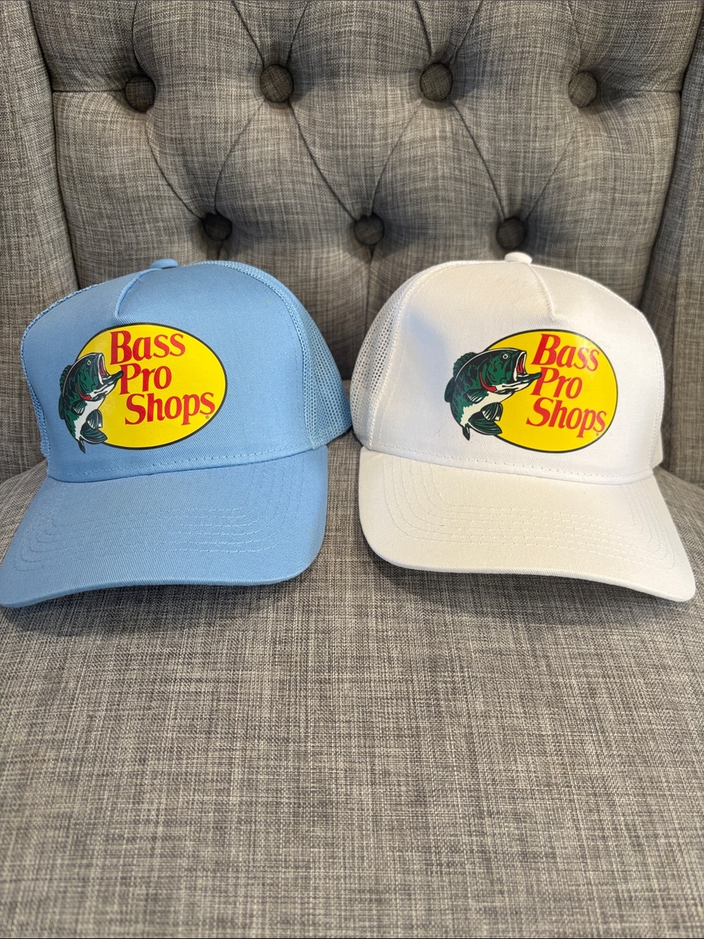 Bass Pro Shops unisex Trucker Hats in Light Blue and White